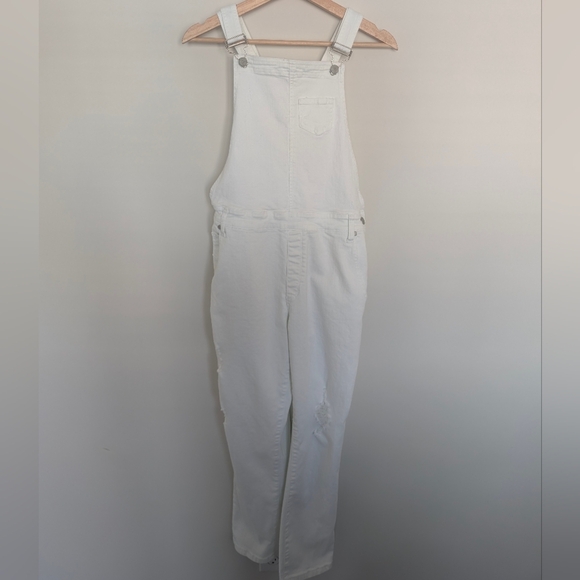 Pistola Distressed White Denim Overalls Women's Size Large Adjustable - Picture 1 of 16